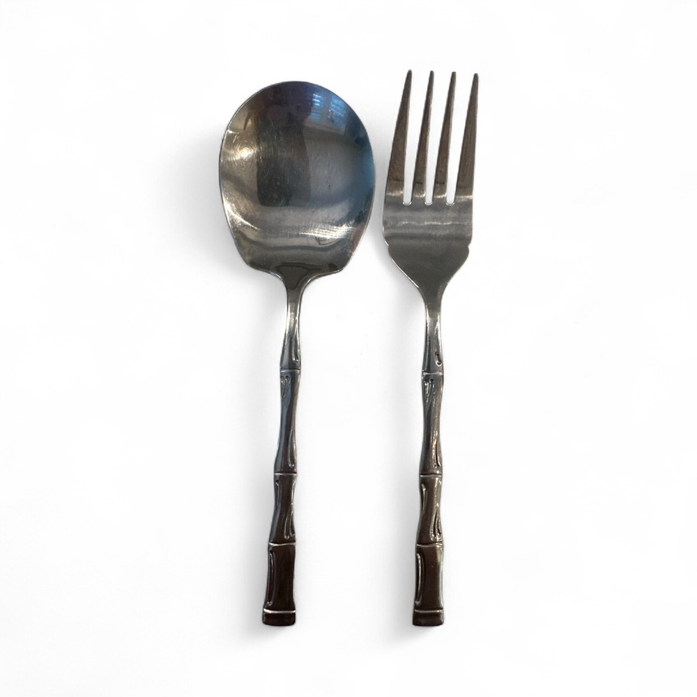 2 Piece Fork Spoon Serving Set Holiday Bamboo Mid Century Stainless Korea 9"